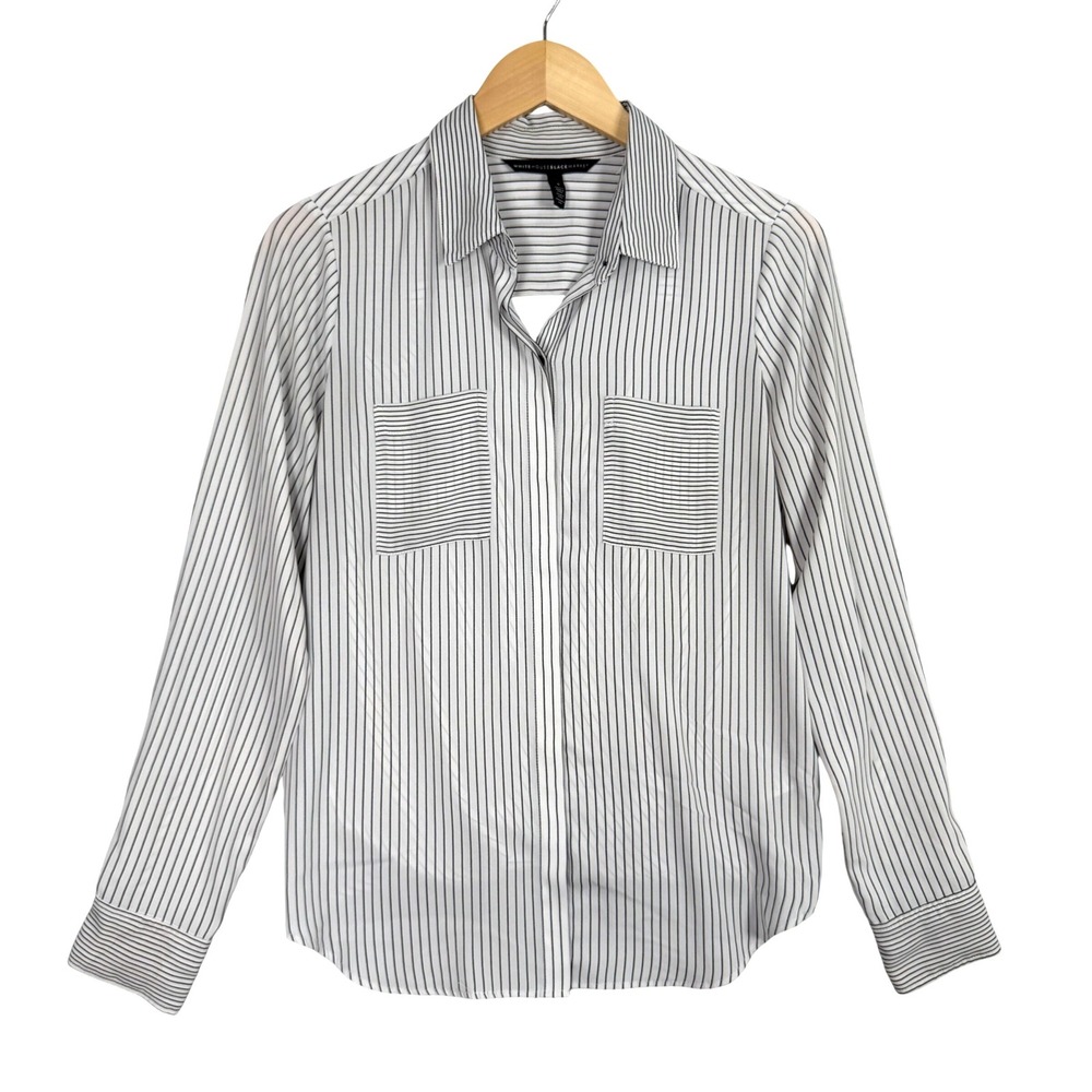 White House Black Market Button Down Blouse Women 4 White Striped Crossover Back